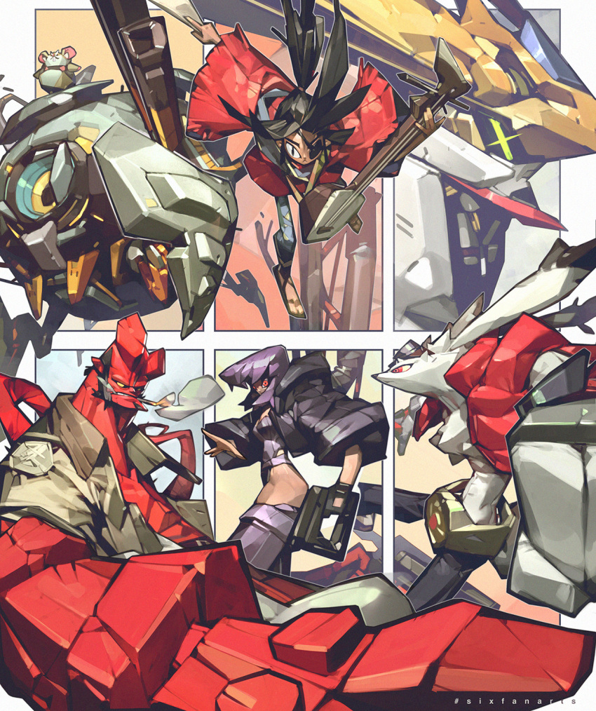 1girl 4boys black_eyes black_hair breasts brown_shirt character_request clenched_hand colored_skin copyright_request crop_top crossover english_commentary eyepatch furry ghost_in_the_shell green_eyes gun gundam gundam_barbatos gundam_barbatos_lupus gundam_tekketsu_no_orphans hammond_(overwatch) hamster handgun hellboy hellboy_(comic) highres holding holding_gun holding_weapon jacket kubo_(kubo_and_the_two_strings) kubo_and_the_two_strings kusanagi_motoko leaning_back mecha multiple_boys multiple_crossover one_eye_covered open_hand overwatch pistol purple_hair red_eyes red_jacket red_skin science_fiction shirt sideburns six_fanarts_challenge small_breasts smoking tan_zhi_hui tied_hair v-fin weapon wrecking_ball_(overwatch) yellow_eyes