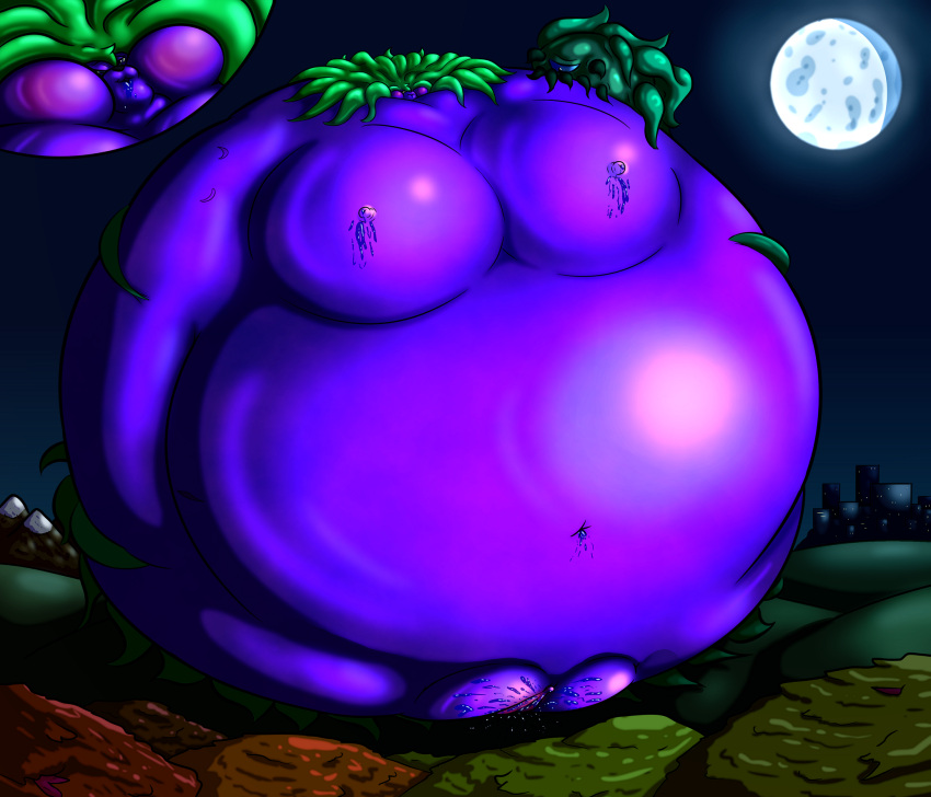 ambiguous_form aries_passadar belly berry_juice big_belly big_breasts big_clitoris big_pussy blueberry_inflation blush breast_expansion breasts canid canine canis cheek_bulge city clitoris expansion female food forest fruit genitals grass green_hair hair hi_res huge_breasts huge_clitoris hyper hyper_belly hyper_breasts immobile inflation juice_(disambiguation) magic mammal moon mountain night nipples overweight overweight_female penetration plant plump_labia pussy sky solo spherical_inflation tentacles tree unknown_artist vines where_is_your_god_now wolf