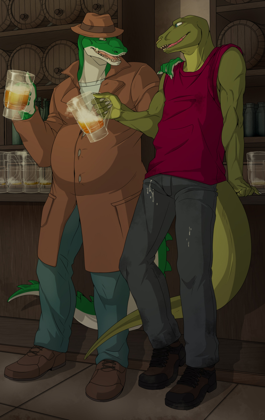 alcohol alligator alligatorid anthro beer beer_mug beverage black_bottomwear black_clothing black_pants blue_eyes bodily_fluids bottomwear brown_clothing brown_footwear brown_hat brown_headwear brown_shoes clothing cregon crocodile crocodilian crocodylid cum cum_on_clothing cum_on_pants denim denim_clothing dracenmarx duo eye_contact facial_piercing fedora footwear genital_fluids green_body green_scales hand_on_another's_shoulder hat headgear headwear hi_res jeans lewis_resmond lizard looking_at_another male monitor_lizard multicolored_body nose_piercing nose_ring open_maw open_mouth pants piercing red_clothing red_shirt red_topwear reptile scales scalie shirt shoes topwear two_tone_body white_body white_scales yellow_eyes zeta-la-angie