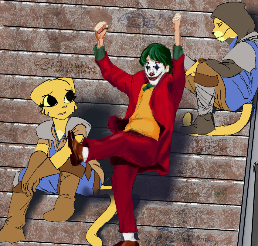 absurd_res anthro arthur_fleck bethesda_softworks brown_clothing brown_footwear brown_shoes clothing clown clown_makeup dancing female fishe_(character) footwear fur general_proton graffiti green_hair group hair hi_res human humanoid joker joker_(2019_film) katia_managan looking_at_another m'aiq_the_liar male mammal morshu movie_reference oblivion orange_vest prequel quill-weave red_suit shirt shoes sleeping stairs standing the_elder_scrolls three_piece_suit tito_dick todd_howard topwear undershirt video_games webcomic yellow_body yellow_fur
