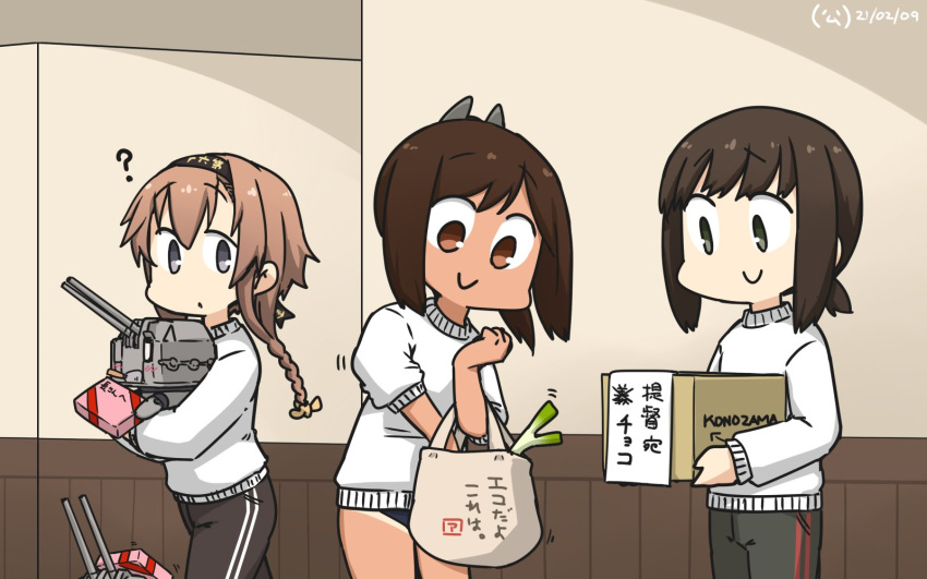 3girls ? alternate_costume amazon_(company) bag black_eyes black_hair black_headband black_pants black_swimsuit braid brand_name_imitation brown_eyes brown_hair chou-10cm-hou-chan_(teruzuki's) clothes_writing commentary_request cowboy_shot dated fubuki_(kancolle) grey_eyes groceries hachimaki hair_ornament hairclip hallway hamu_koutarou headband highres i-401_(kancolle) kantai_collection light_brown_hair long_hair low_ponytail multiple_girls pants ponytail propeller_hair_ornament school_swimsuit shopping_bag short_ponytail sidelocks spring_onion sweater swimsuit swimsuit_under_clothes teruzuki_(kancolle) track_pants translation_request twin_braids white_sweater