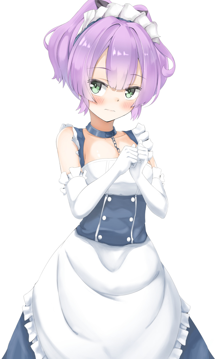 1girl absurdres alternate_costume azur_lane belfast_(azur_lane) belfast_(azur_lane)_(cosplay) chain choker cosplay elbow_gloves enmaided gloves green_eyes highres javelin_(azur_lane) maid micchamu purple_hair simple_background white_gloves