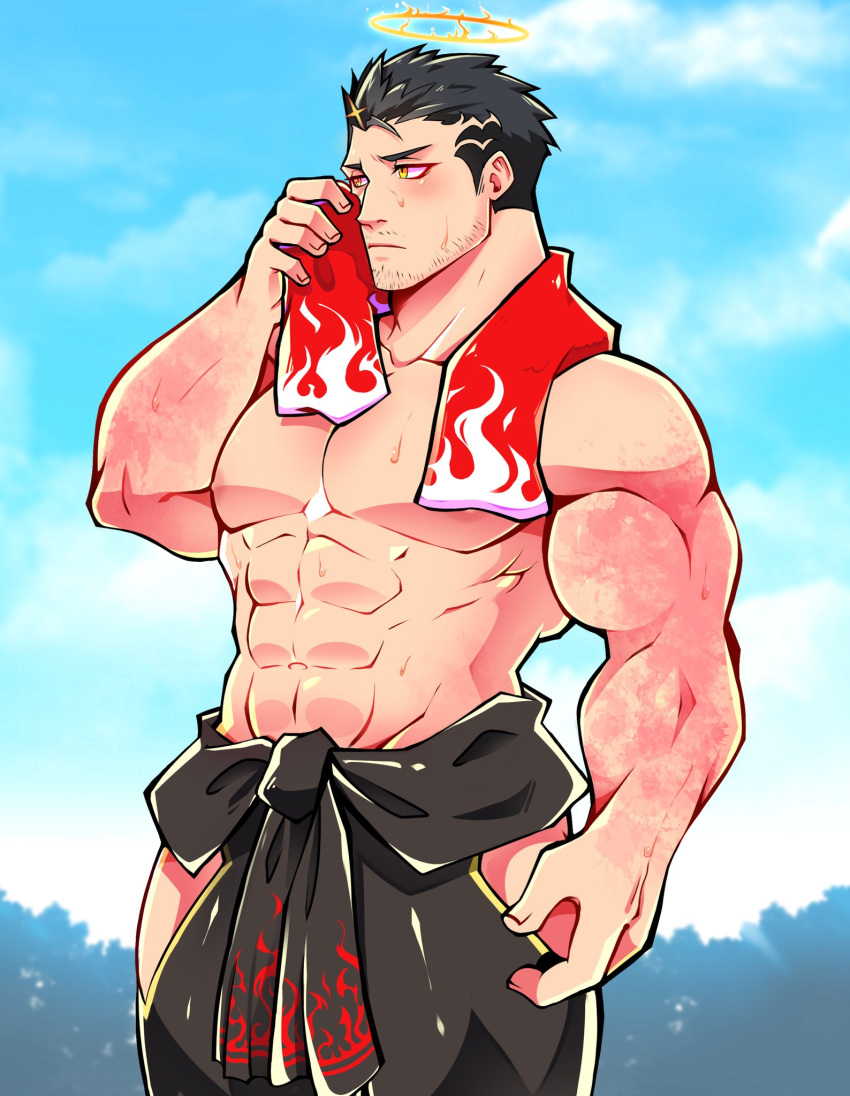 1boy bara black_hair blue_sky blush burn_scar cloud cloudy_sky collarbone english_commentary expressionless facial_hair halo highres lisuchi male_focus muscular muscular_male navel nipples outdoors pectorals scar short_hair sky solo stubble sweat tokyo_houkago_summoners towel towel_around_neck wiping wiping_face zabaniya_(tokyo_houkago_summoners)