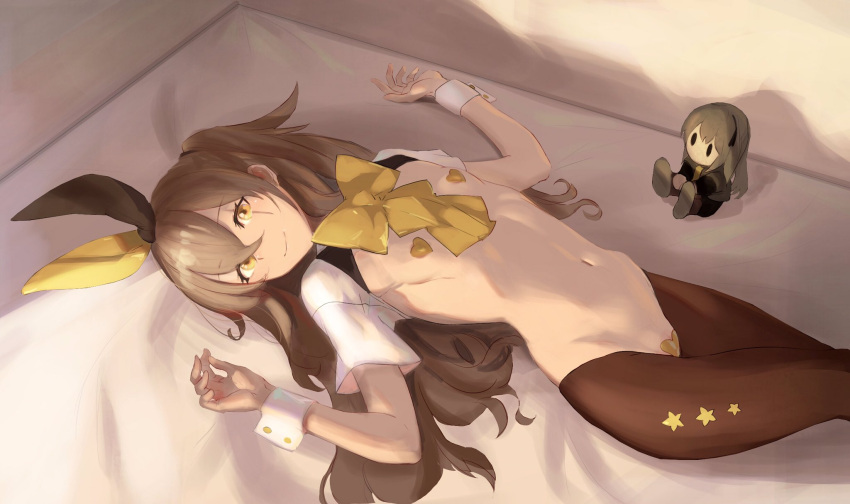 1girl bangs bow brown_hair character_doll flat_chest girls_frontline hair_between_eyes hair_ribbon heart_maebari heart_pasties highres long_hair looking_at_viewer lying lynchis maebari meme_attire navel on_back one_side_up pantyhose pasties revealing_clothes reverse_bunnysuit reverse_outfit ribbon scar scar_across_eye short_sleeves smile solo ump40_(girls_frontline) ump45_(girls_frontline) wrist_cuffs yellow_eyes