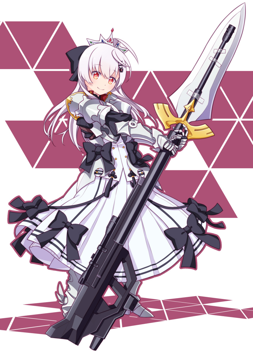 1girl ahoge anti-materiel_rifle armor bangs eyebrows_visible_through_hair faulds full_body gauntlets girls_frontline gun highres holding holding_gun holding_weapon iws-2000_(girls_frontline) long_skirt looking_at_viewer pauldrons pleated_skirt red_eyes rifle sansei_rain shoulder_armor skirt smile sniper_rifle solo standing steyr_iws_2000 weapon white_hair white_skirt