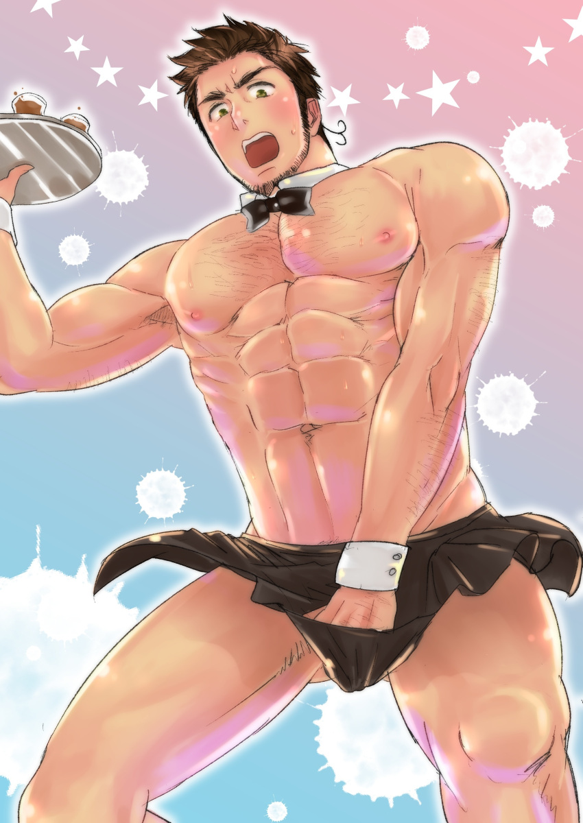 1boy abs absurdres apron arm_hair axis_powers_hetalia bara beard black_apron blush bow bowtie brown_eyes brown_hair chest_hair covering covering_crotch detached_collar facial_hair feet_out_of_frame highres holding holding_tray large_pectorals male_focus mature_male muscular muscular_male naked_apron navel niichi_(niichi21) nipples short_hair solo stomach stubble thick_thighs thighs tray turkey_(hetalia) waist_apron water wrist_cuffs