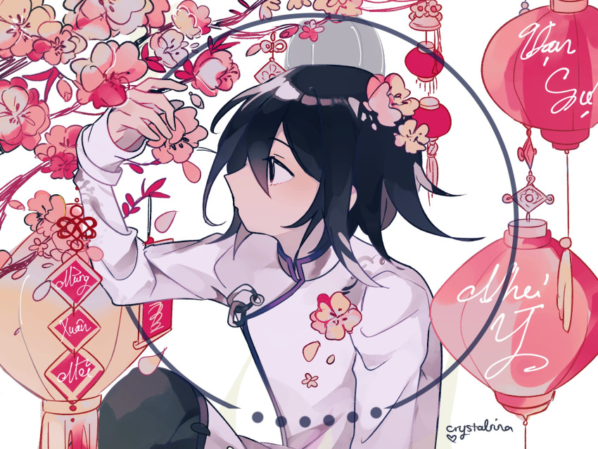 1boy alternate_costume artist_name bangs black_eyes black_hair black_pants cherry_blossoms closed_mouth commentary danganronpa_(series) danganronpa_v3:_killing_harmony flower hair_between_eyes hair_flower hair_ornament hand_up hat highres jacket knee_up lampion long_sleeves looking_to_the_side male_focus ouma_kokichi pants pink_flower red_flower rina_(crystalrina) shiny shiny_hair short_hair sleeves_past_wrists solo upper_body white_background white_jacket