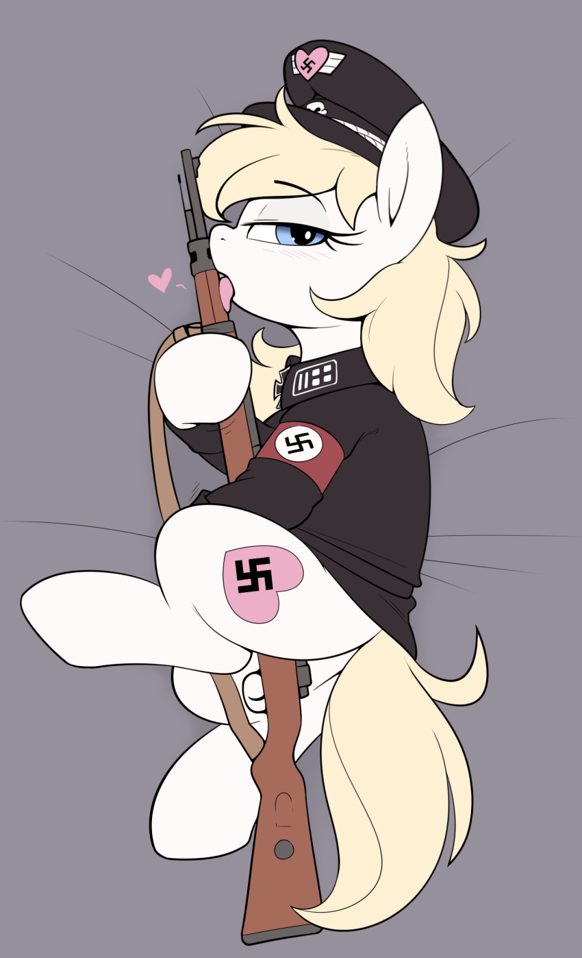 &lt;3 aryanne_(character) clothing equid equine fan_character female feral gun hasbro hat headgear headwear hi_res horse licking looking_at_viewer lying mammal my_little_pony nazi pony ranged_weapon shinodage solo swastika tongue tongue_out weapon