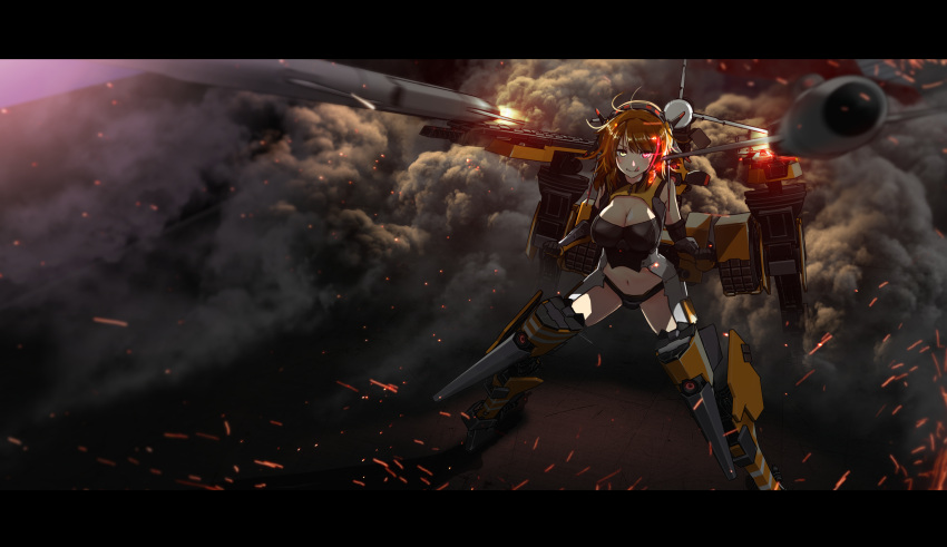 1girl :q bangs bikini black_bikini black_gloves blurry blurry_foreground breasts brown_eyes brown_hair cleavage closed_mouth depth_of_field elbow_gloves embers floating gloves headgear heterochromia highres large_breasts long_hair looking_at_viewer mecha_musume multicolored_hair navel oota_youjo original outdoors red_eyes red_hair smile smoke solo streaked_hair swept_bangs swimsuit tongue tongue_out