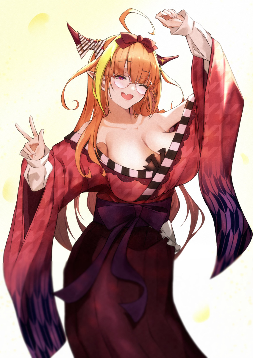 1girl absurdres ahoge bangs bare_shoulders bespectacled blonde_hair blunt_bangs blush bow breasts cleavage collarbone commentary_request cropped_legs diagonal-striped_bow dragon_girl dragon_horns eyebrows_visible_through_hair fang furisode glasses gradient gradient_background gradient_kimono hair_between_eyes hair_ribbon hands_up happy highlights highres hololive horn_bow horns huge_breasts japanese_clothes kimono kiryuu_coco long_hair long_sleeves looking_to_the_side multicolored multicolored_eyes multicolored_hair obi off-shoulder_kimono official_alternate_costume one_eye_closed open_mouth orange_hair patterned_clothing pointy_ears purple_eyes purple_kimono red_eyes red_headwear red_kimono red_ribbon ribbon round_eyewear sash simple_background skin_fang solo sora_shitatoge streaked_hair striped striped_bow v very_long_hair virtual_youtuber white_background wide_sleeves yellow_background