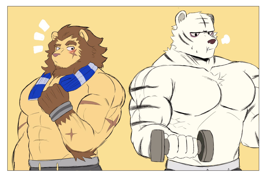 2020 5_fingers abs animal_crossing anthro biceps border brown_mane clothed clothing dumbbell duo elvis_(animal_crossing) exercise exercise_ball exercise_clothing facial_scar felid fingers fur hi_res humanoid_hands lion looking_at_another male male/male mammal mane muscular muscular_anthro muscular_male nintendo pantherine pecs pink_nose pkylblu rolf_(animal_crossing) scar striped_body striped_fur stripes tan_body tan_fur tiger topless towel video_games weights white_body white_border white_fur x_scar