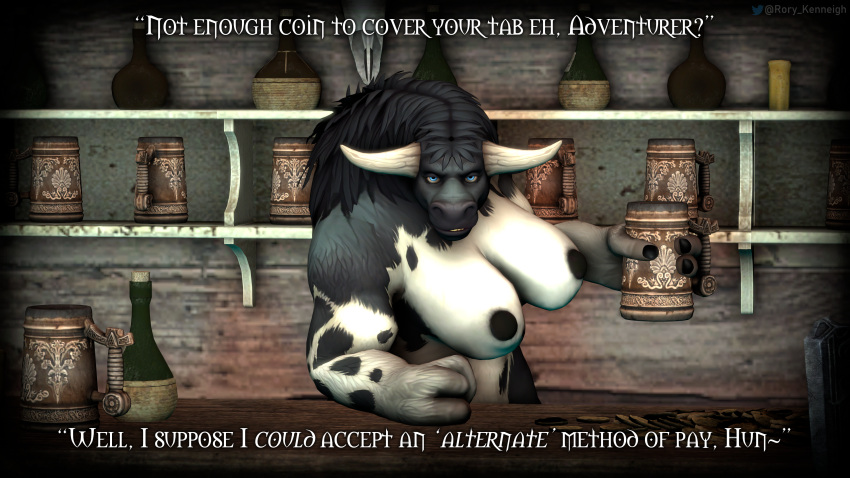 16:9 4k absurd_res anthro big_breasts blizzard_entertainment bovid bovine breasts coin cup dialogue english_text female gold_(metal) gold_coin hi_res horn huge_breasts looking_at_viewer mammal nipples nude propositioning rorykenneigh solo tauren tavern text video_games warcraft widescreen