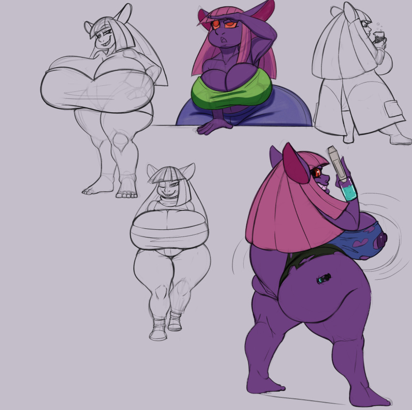 ass_growth big_breasts big_butt bombastique breast_growth breasts butt clothing expansion goblin growth hair hi_res huge_breasts huge_butt huge_hips humanoid hyper pink_hair purple_body purple_skin science short_stack slightly_chubby thick_thighs vivianne wardrobe_malfunction