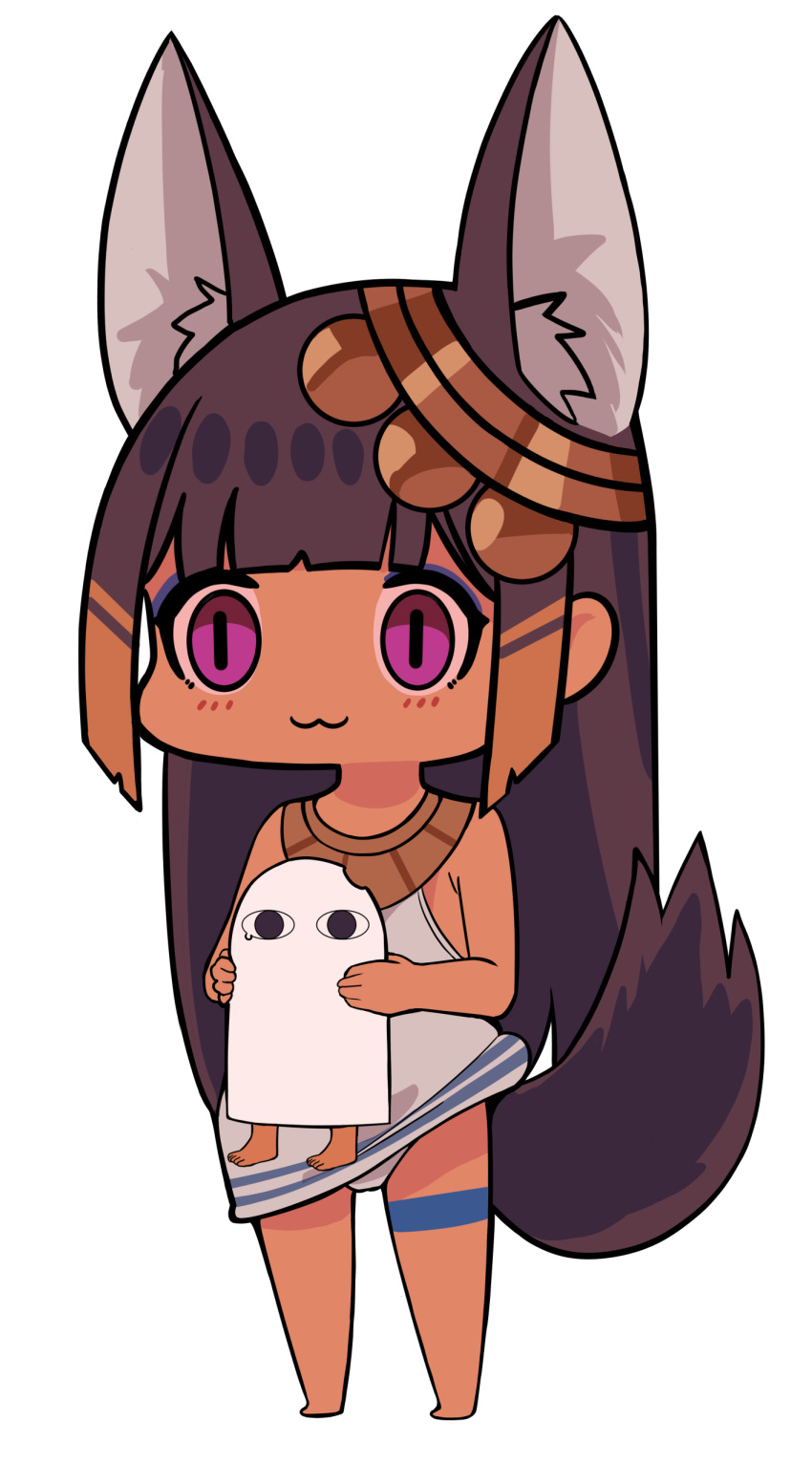 &gt;o&lt; 1girl :3 absurdres animal_ears bare_arms bare_shoulders barefoot brown_hair chibi closed_mouth dark_skin dark_skinned_female dress dress_lift egyptian egyptian_clothes full_body highres holding long_hair looking_at_viewer medjed_(mythology) original purple_eyes simple_background sleeveless sleeveless_dress slit_pupils standing tail teardrop thigh_strap toy_box-r very_long_hair white_background white_dress