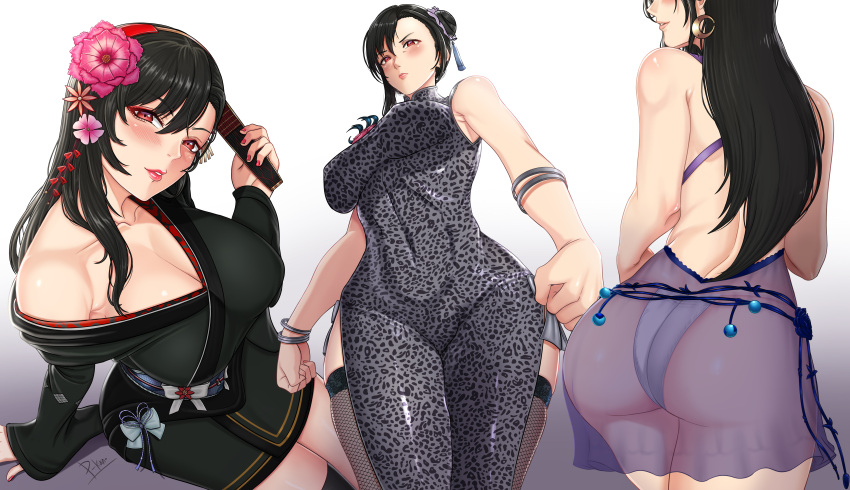 absurdres arm_support ass black_hair breasts china_dress chinese_clothes cleavage covered_navel double_bun dress final_fantasy final_fantasy_vii final_fantasy_vii_remake flower hair_flower hair_ornament highres japanese_clothes kimono multiple_persona official_alternate_costume panties parted_lips peerayuth52 see-through short_dress simple_background sitting thong tifa_lockhart underwear white_panties