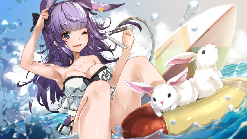 animal_ears arknights bikini bunny_ears hellnyaa rope_(arknights) see_through skirt_lift swimsuits wet