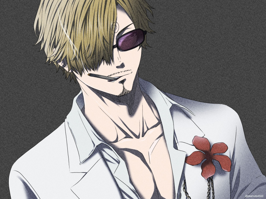 1boy bangs blonde_hair blue_eyes cigarette facial_hair formal goatee highres jacket looking_to_the_side male_cleavage male_focus one_piece open_clothes open_jacket pectorals pinattsu sanji short_hair smoking solo stubble suit sunglasses swept_bangs toned toned_male white_suit