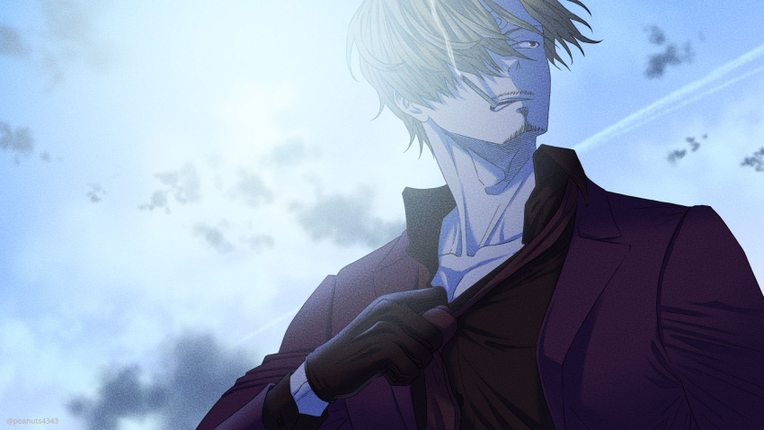 1boy adjusting_clothes adjusting_necktie bangs black_shirt blonde_hair blue_eyes cigarette collarbone facial_hair goatee highres jacket looking_to_the_side male_cleavage male_focus necktie one_piece open_clothes open_jacket pectorals pinattsu red_jacket sanji shirt short_hair smoking solo stubble swept_bangs toned toned_male upper_body