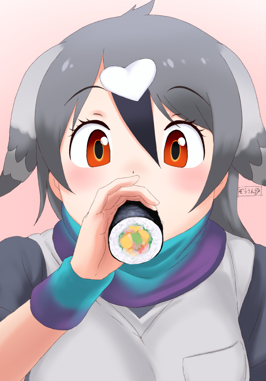 1girl bangs black_hair brown_eyes commentary ehoumaki eyebrows_visible_through_hair food food_in_mouth grey_hair hair_ornament head_wings heart heart_hair_ornament highres kemono_friends long_hair looking_at_viewer makizushi masuyama_ryou multicolored_hair pink_background portrait rock_pigeon_(kemono_friends) scarf sexually_suggestive short_sleeves simple_background solo sushi wristband