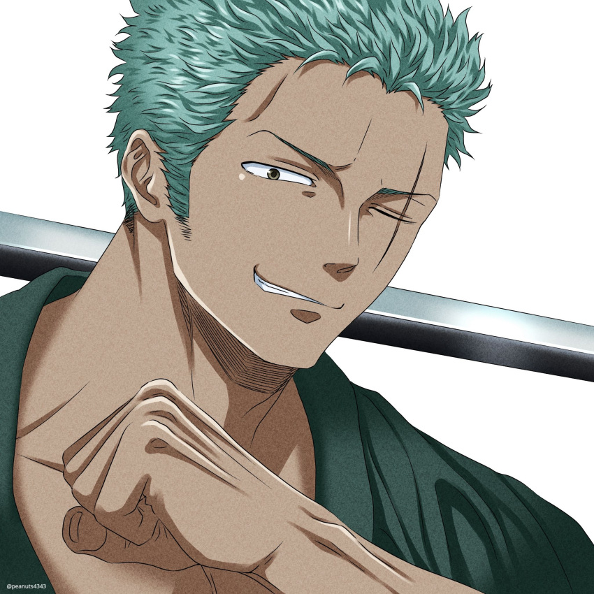 1boy close-up dark_skin dark_skinned_male face green_hair green_kimono highres japanese_clothes kimono looking_at_viewer male_cleavage male_focus one_piece open_clothes open_kimono pectorals pinattsu roronoa_zoro scar scar_across_eye short_hair smile solo toned toned_male