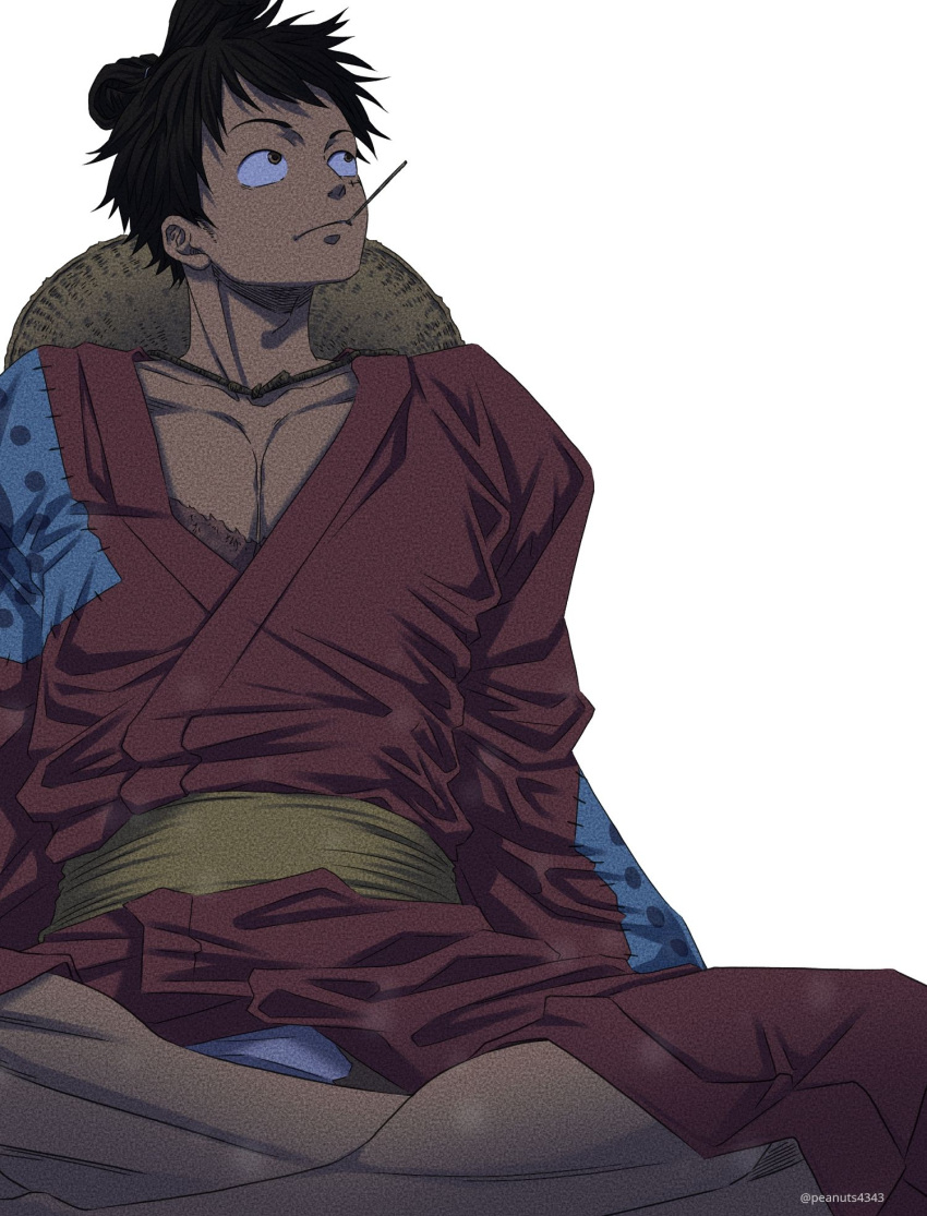 1boy alternate_hairstyle black_eyes black_hair hat highres japanese_clothes kimono looking_up male_cleavage male_focus monkey_d_luffy official_alternate_costume one_piece pectorals pinattsu red_kimono scar scar_on_cheek scar_on_face short_hair sitting solo straw_hat toned toned_male white_background