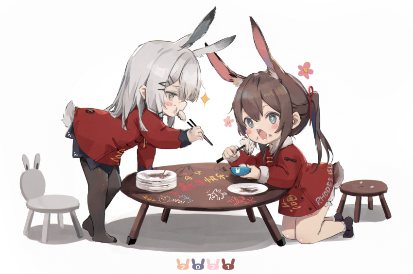 2021 2girls amiya_(arknights) animal_ear_fluff animal_ears arknights black_footwear black_legwear black_skirt bloomers blue_eyes blush_stickers bowl brown_hair bunny_ears bunny_tail chair child chopsticks crayon_drawing dated dirty drawing dress eating flower food food_on_face frostnova_(arknights) full_body hair_ornament hairclip happy_new_year holding kneeling leaning_forward legs long_hair mamemena mouth_hold multiple_girls new_year outstretched_arm pantyhose plate ponytail red_dress red_shirt ribbon shirt short_dress silver_eyes silver_hair simple_background skirt socks standing stool table tail teeth thighs underwear white_background white_bloomers writing younger