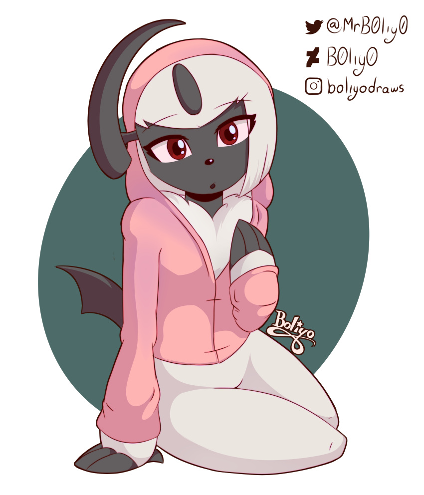 1_horn absol absurd_res anthro anthrofied arm_support b0liy0 black_nose bottomless clothed clothing fur grey_body hi_res hoodie horn looking_at_viewer nintendo open_mouth pink_clothing pink_hoodie pink_topwear pok&eacute;mon pok&eacute;mon_(species) pok&eacute;morph red_eyes semi-anthro simple_background solo topwear video_games white_background white_body white_fur