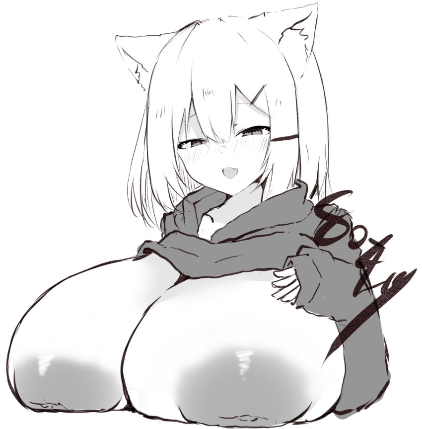 accessory animal_humanoid bedroom_eyes big_breasts blush blush_lines breasts cat_humanoid clothed clothing clothing_lift cute_fangs exposed_breasts fangs felid felid_humanoid feline feline_humanoid female fox4_19 hair hair_accessory hand_on_breast hi_res huge_breasts humanoid inverted_nipples mammal mammal_humanoid monochrome narrowed_eyes nipples open_mouth open_smile seductive shirt shirt_lift short_hair signature simple_background smile smiling_at_viewer solo sweater teeth text topwear