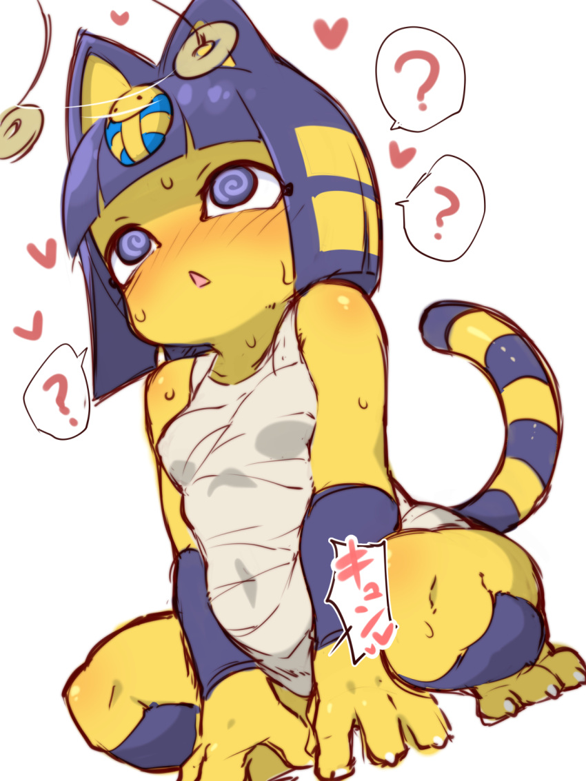 1girl ? @_@ afterimage all_fours animal_crossing animal_ears ankha_(animal_crossing) bandages bangs bare_shoulders barefoot blonde_hair blue_eyes blue_hair blunt_bangs blush bob_cut breasts cat_ears cat_girl cat_tail claws collarbone confused covered_navel covered_nipples disconnected_mouth dress dutch_angle egyptian fukurou_(owl222) full_body furry grey_dress hair_ornament heart highres hypnosis knees looking_ahead looking_away looking_up mind_control motion_lines multicolored_hair nose_blush open_mouth paws pendulum purple_eyes shaded_face shiny shiny_hair shiny_skin short_dress short_hair sketch sleeveless sleeveless_dress small_breasts snake_hair_ornament solo speech_bubble spoken_question_mark squatting striped striped_tail sweat tail triangle_mouth two-tone_hair white_background