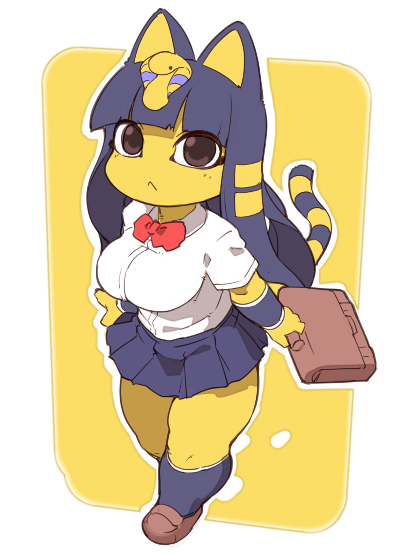 1girl :&lt; alternate_costume animal_crossing animal_ears ankha_(animal_crossing) bangs blunt_bangs bow bowtie breasts brown_eyes cat_ears cat_girl cat_tail commentary_request egyptian eyebrows_visible_through_hair fukurou_(owl222) full_body furry hair_ornament highres holding kneehighs large_breasts long_hair miniskirt outline pleated_skirt purple_hair purple_legwear purple_skirt red_bow school_briefcase school_uniform shirt shirt_tucked_in short_sleeves simple_background skirt snake_hair_ornament solo standing striped_tail tail thick_thighs thighs white_outline white_shirt yellow_background