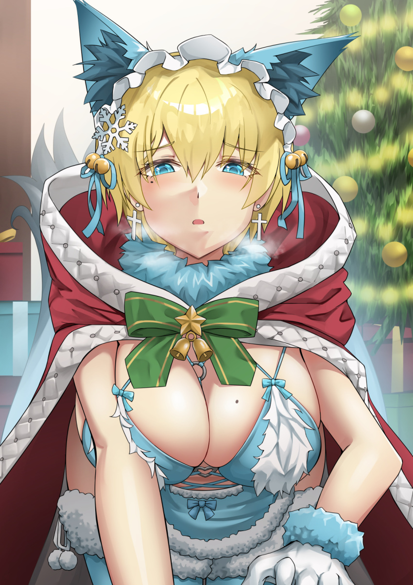 1girl animal_ears bangs bell bikini bikini_skirt blonde_hair blue_bikini blue_eyes blue_legwear blue_ribbon blue_skirt blush box breasts christmas_tree cleavage cloak commentary cowboy_shot cross cross_earrings earrings eyebrows_visible_through_hair fake_animal_ears fake_tail fur-trimmed_legwear fur-trimmed_skirt fur_collar fur_trim gift gift_box girls_frontline gloves hair_between_eyes hair_ornament hair_ribbon heavy_breathing highres hood hood_down hooded_cloak indoors jewelry kneeling large_breasts looking_at_viewer mole mole_on_breast mole_under_eye o-ring o-ring_bikini parted_lips red_cloak ribbon short_hair sidelocks skirt snowflake_hair_ornament solo springveiv swimsuit tail thighhighs vsk-94_(girls_frontline) white_gloves wolf_ears wolf_tail