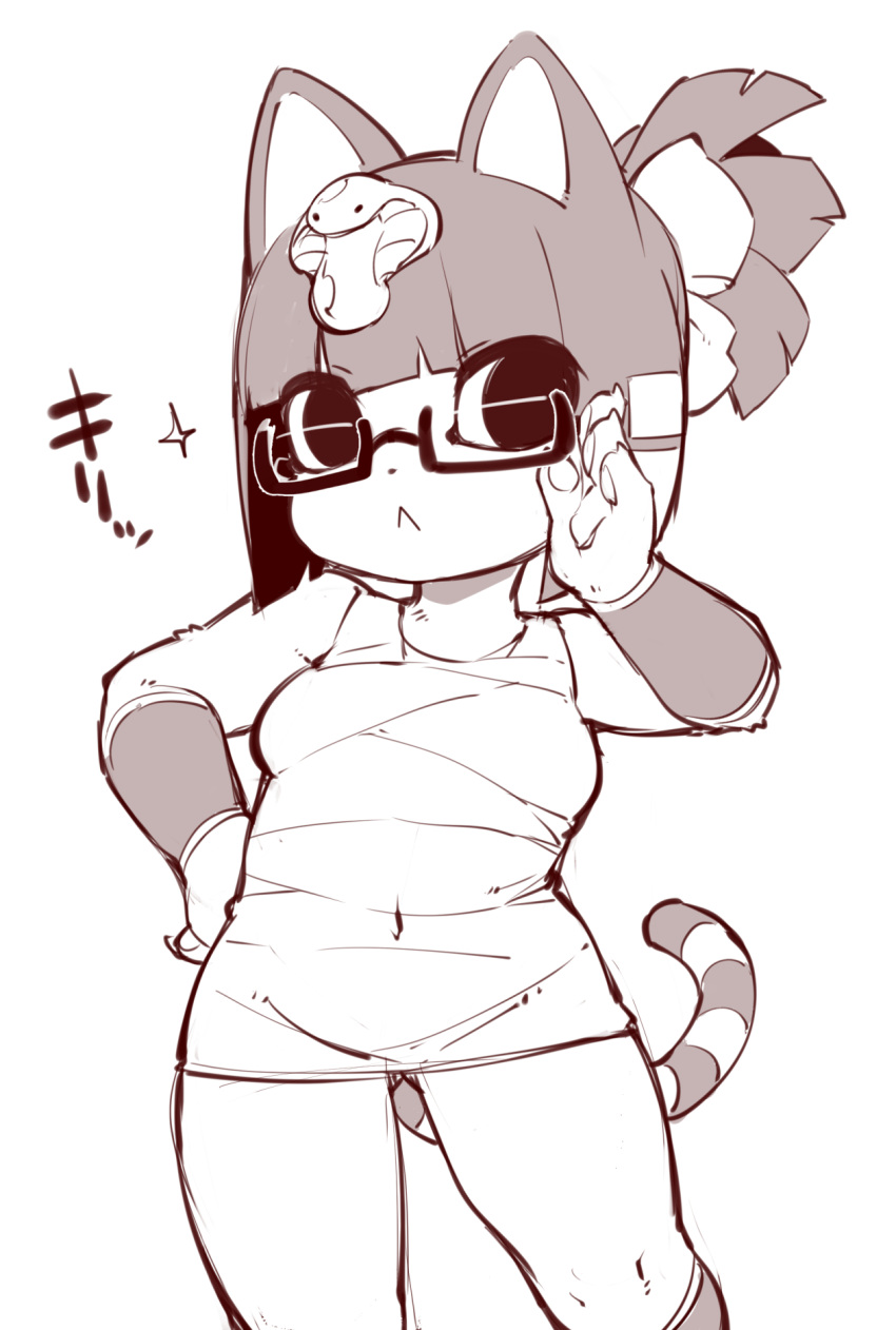 1girl adjusting_eyewear animal_crossing animal_ears ankha_(animal_crossing) ass_visible_through_thighs bangs blunt_bangs blush breasts cat_ears cat_girl cat_tail closed_mouth commentary_request covered_navel dress fukurou_(owl222) furry glasses greyscale groin hand_on_hip highres holding holding_eyewear monochrome short_dress short_hair sketch solo sparkle standing striped_tail tail thighs translation_request white_background