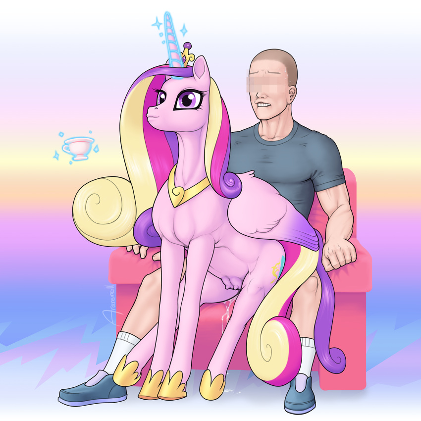 2021 arareroll bestiality bodily_fluids clothing cutie_mark digital_media_(artwork) duo equid equine eyelashes female female_on_human feral fingers footwear friendship_is_magic genital_fluids hasbro hi_res horn human human_on_feral interspecies male male/female male_on_feral mammal my_little_pony princess_cadance_(mlp) shoes sitting socks teats winged_unicorn wings