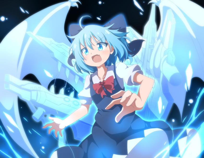 1girl blue_eyes blue_hair bow bowtie cirno cowboy_shot crossover do_(4-rt) dress duel_masters fang gun hair_bow highres light_particles open_mouth solo touhou weapon wings