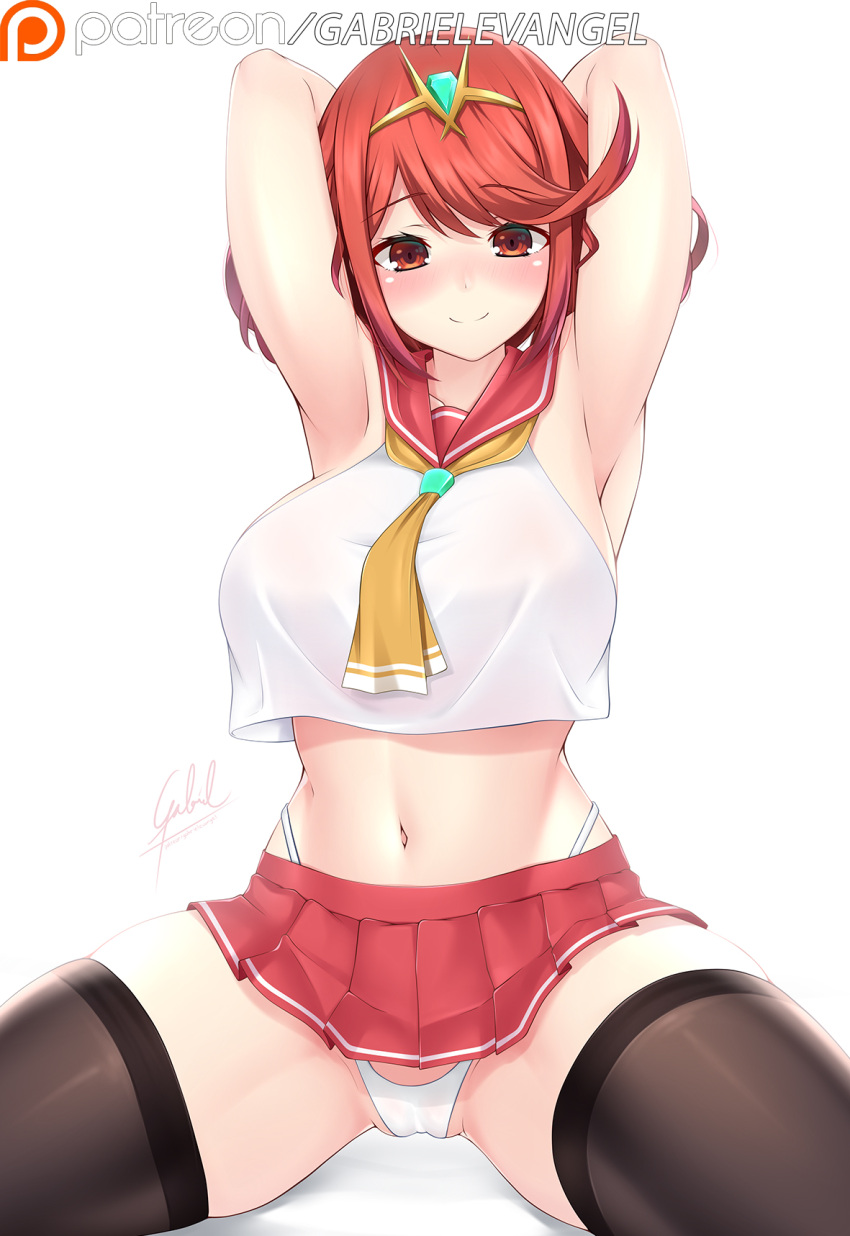 1girl armpits arms_behind_head bangs black_legwear blush breasts gabriel_evangel headdress headpiece highres kneeling large_breasts micro_panties microskirt navel necktie panties patreon_username pyra_(xenoblade) red_eyes red_hair sailor sailor_collar school_uniform serafuku short_hair simple_background skirt smile solo spread_legs thighhighs underwear white_background xenoblade_chronicles_(series) xenoblade_chronicles_2