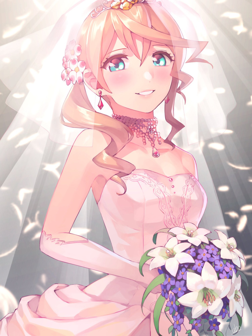 1girl alisha_diphda bangs blonde_hair blue_eyes blush bouquet breasts cleavage collarbone diadem dress earrings elbow_gloves flower gloves grin hair_between_eyes hair_over_shoulder highres holding holding_bouquet jewelry long_hair looking_at_viewer necklace purple_flower shiny shiny_hair side_ponytail sleeveless sleeveless_dress small_breasts smile solo standing strapless strapless_dress tales_of_(series) tales_of_zestiria ubo_(ubo_tales) veil wedding_dress white_dress white_flower white_gloves