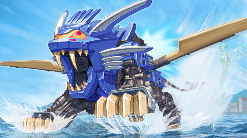 absurdres blade_liger building day highres mecha no_humans outdoors ryotaro_nozaki splashing water zoids zoids_chaotic_century