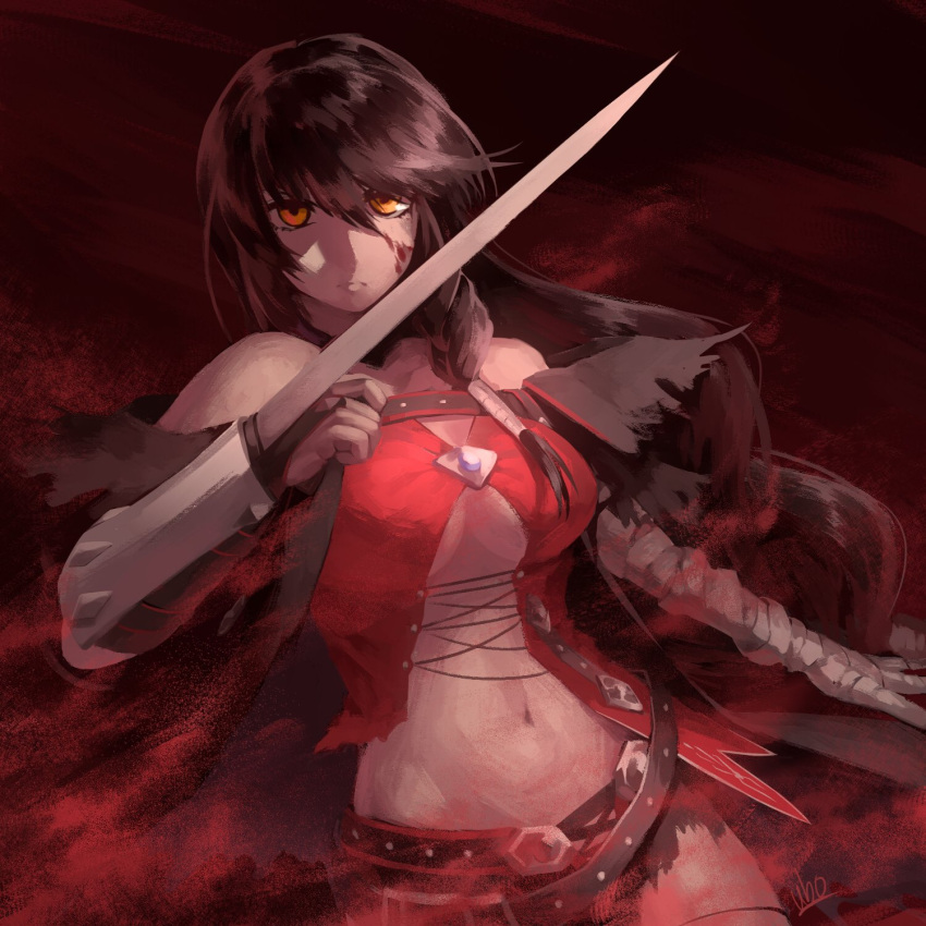 1girl bandaged_arm bandages black_hair black_shorts blood blood_on_face breasts cleavage closed_mouth floating_hair frown hair_between_eyes hair_over_shoulder highres long_hair looking_at_viewer medium_breasts midriff navel orange_eyes shiny shiny_hair short_shorts shorts signature solo stomach tales_of_(series) tales_of_zestiria torn_clothes torn_shorts ubo_(ubo_tales) velvet_crowe very_long_hair