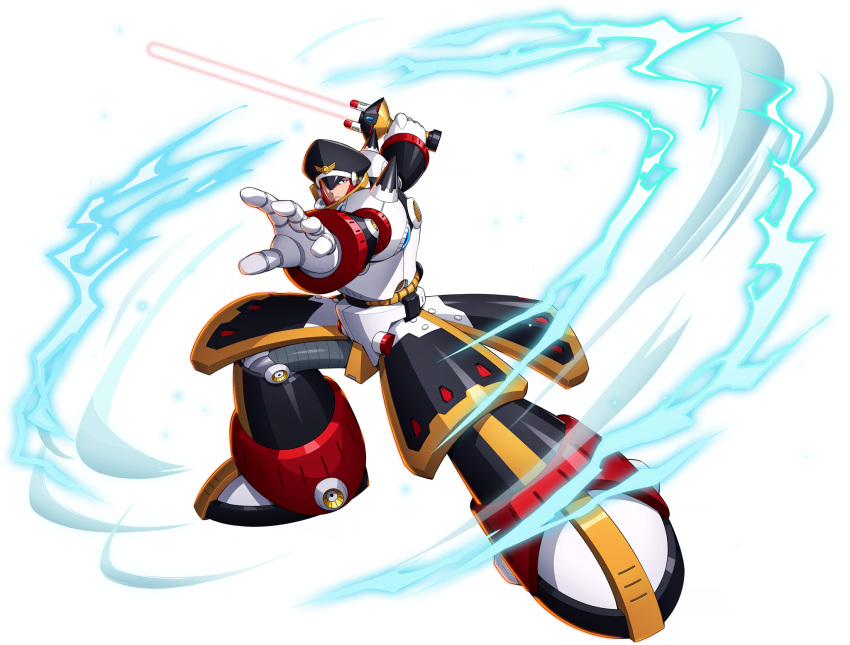 1boy android black_eyes colonel_(rockman_x) electricity energy_sword full_body gloves hat helmet highres lightning military military_hat military_uniform mizuno_keisuke official_art peaked_cap rockman rockman_x rockman_x4 rockman_x_dive solo sword third-party_source uniform weapon white_gloves