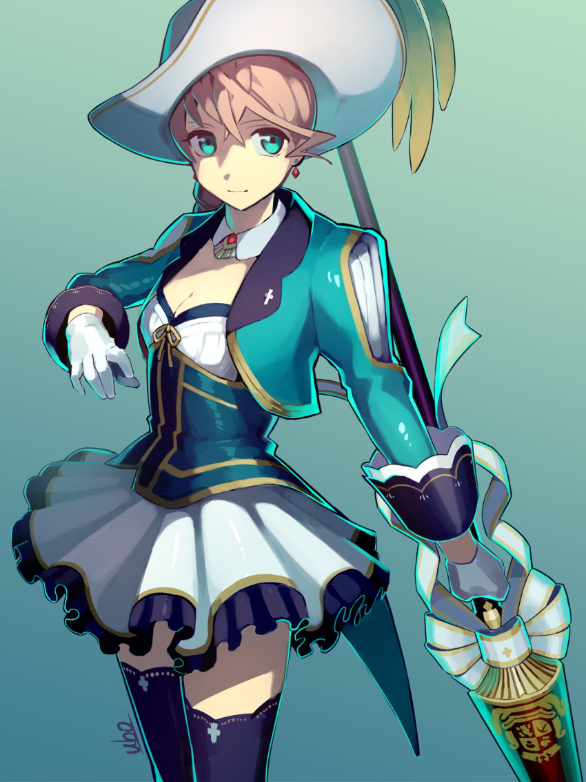 1girl alisha_diphda bangs blonde_hair blue_background blue_jacket blue_legwear breasts bustier choker cleavage closed_mouth earrings gloves gradient gradient_background green_eyes hair_between_eyes hat highres holding holding_spear holding_weapon jacket jewelry looking_at_viewer medium_breasts miniskirt open_clothes open_jacket pleated_skirt polearm ribbon short_hair skirt solo spear standing tales_of_(series) tales_of_zestiria thighhighs ubo_(ubo_tales) weapon white_choker white_gloves white_headwear white_skirt yellow_ribbon zettai_ryouiki