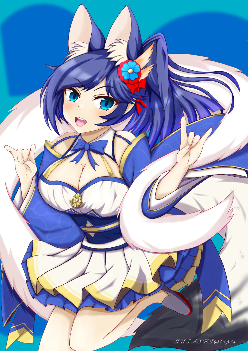 1girl absurdres animal_ear_fluff artist_name azur_lane bare_shoulders blue_bow blue_eyes blue_sash blue_skirt bow breasts cleavage detached_sleeves dress flower grey_footwear hair_flower hair_ornament highres jintsuu_(azur_lane) jumping large_breasts long_hair musashi@lapis open_mouth pleated_dress pleated_skirt purple_hair sash simple_background skirt skirt_under_dress solo tail upper_teeth white_dress wide_sleeves