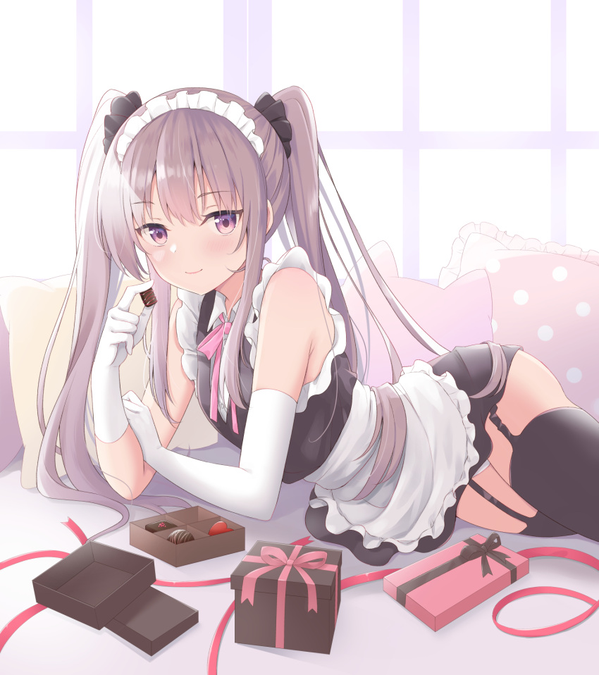 1girl apron armpit_crease bare_shoulders black_dress black_legwear dress elbow_gloves frilled_dress frills garter_straps gloves grey_hair has_bad_revision has_downscaled_revision highres long_hair looking_at_viewer maid maid_apron maid_headdress neck_ribbon original purple_eyes ribbon short_dress sidelocks sleeveless sleeveless_dress smile solo thighhighs thighs twintails waist_apron white_gloves yoshikita_popuri zettai_ryouiki