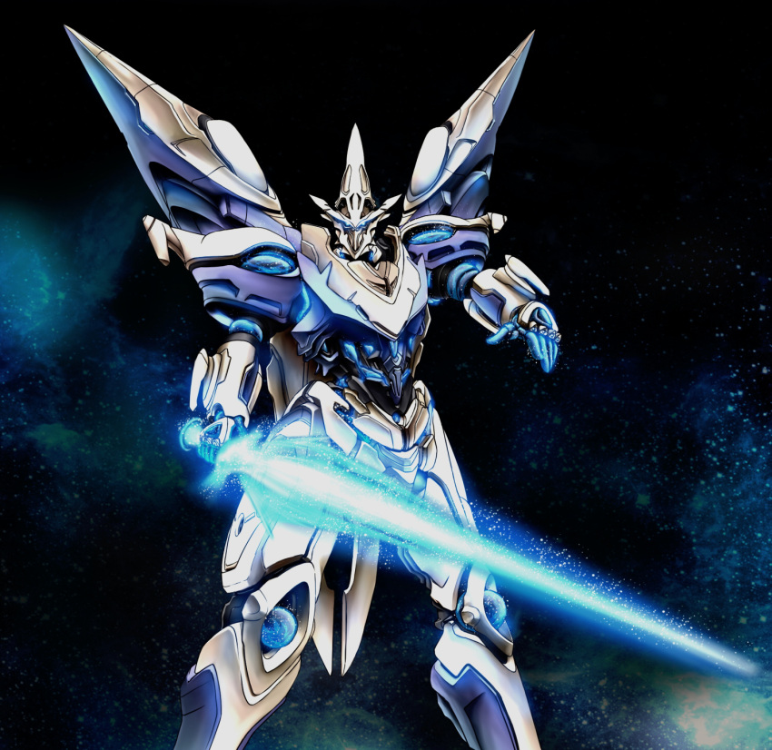 cropped_legs edge_dragoon energy_sword floating glowing glowing_eyes highres holding holding_sword holding_weapon looking_at_viewer mecha no_humans open_hand science_fiction solo space sword vandread vandread_dita weapon