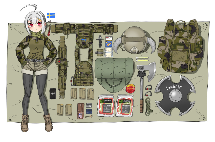 absurdres ahoge axe backpack bag bandages bandaid boots cellphone credit_card fingerless_gloves gloves glowstick hair_bun harness helmet highres horned_helmet jacket key kirochef looking_at_viewer magazine_(weapon) military mre original pantyhose phone red_cross red_eyes rope scarf shield shorts sleeping_bag smartphone surstromming swedish_flag tarpaulin tourniquet wallet white_hair