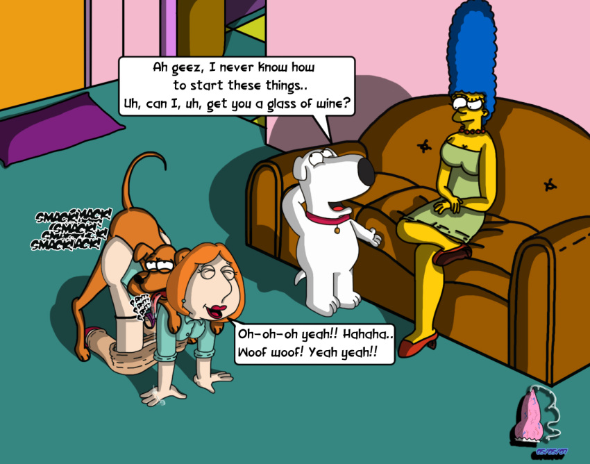 anthro bestiality blargsnarf brian_griffin canid canine canis digital_media_(artwork) domestic_dog english_text family_guy female female_on_feral feral group human human_on_feral interspecies lois_griffin male male/female mammal marge_simpson santa's_little_helper text the_simpsons