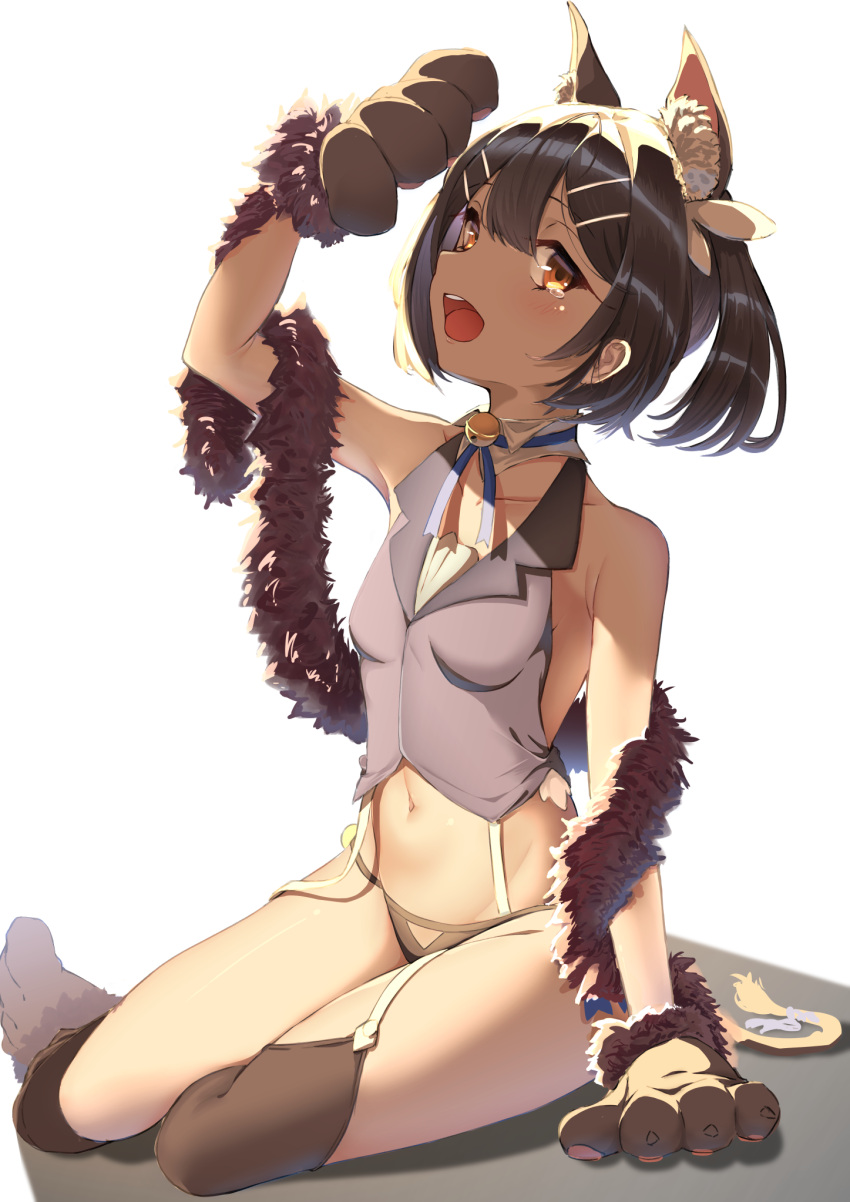 1girl :d animal_ear_fluff bangs bare_shoulders black_hair blush breasts collarbone commentary_request dark_skin fate/kaleid_liner_prisma_illya fate_(series) garter_straps gloves hair_ornament hairclip hand_up highres looking_at_viewer miyu_edelfelt navel neck_bell open_mouth paw_gloves paw_shoes paws sashimi_nasu shiny shiny_hair shoes short_hair simple_background sitting small_breasts smile solo thighhighs upper_teeth white_background yokozuwari