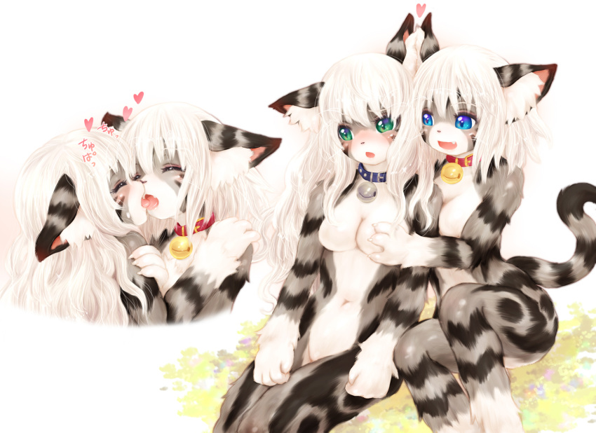 &lt;3 2017 anthro bell bell_collar blue_eyes breast_grab breasts collar domestic_cat duo felid feline felis female female/female fur green_eyes grey_body grey_fur hair hand_on_breast hi_res karin kissing mammal nude simple_background smile tetetor-oort white_hair