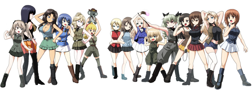 6+girls :d absurdres adapted_costume aiguillette anchovy_(girls_und_panzer) animal ankle_boots anzio_military_uniform aoshidan_school_uniform arm_up armpits arms_behind_head arms_up ass asymmetrical_bangs bangs bc_freedom_military_uniform belt binoculars black_belt black_footwear black_hair black_jacket black_legwear black_neckwear black_ribbon black_shirt black_skirt blonde_hair blue_eyes blue_footwear blue_hair blue_jacket blue_shirt blue_shorts blue_skirt blue_vest blunt_bangs bonple_military_uniform boots braid breasts brown_eyes brown_footwear brown_hair brown_headwear brown_jacket brown_shirt brown_skirt chi-hatan_military_uniform cleavage clenched_hand clenched_hands closed_mouth combat_boots commentary constricted_pupils cross-laced_footwear crossed_arms darjeeling_(girls_und_panzer) dark_skin dark_skinned_female denim denim_shorts dress_shirt drill_hair eclair_(girls_und_panzer) el_(girls_und_panzer) emblem epaulettes eyebrows_visible_through_hair fan fang fighting_stance flexing folding_fan frilled_skirt frills from_behind frown full_body girls_und_panzer girls_und_panzer_gekijouban girls_und_panzer_ribbon_no_musha green_eyes green_hair green_jumpsuit green_legwear green_shirt green_shorts green_skirt gregor_military_uniform grey_jacket grey_legwear grey_pants grin hair_bun hair_intakes hair_over_shoulder hair_ribbon half-closed_eyes hand_in_hair hand_on_hip hand_on_own_head hand_on_own_throat hands_in_pockets head_tilt high_collar high_heel_boots high_heels highres holding holding_animal holding_binoculars holding_fan insignia jacket jajka_(girls_und_panzer) jumpsuit kafka_(girls_und_panzer) kamishima_kanon katyusha_(girls_und_panzer) kay_(girls_und_panzer) keizoku_military_uniform knee_boots koala koala_forest_military_uniform kuromorimine_military_uniform lace-up_boots large_breasts leg_up light_brown_hair long_hair looking_at_viewer looking_to_the_side maginot_military_uniform makeup marie_(girls_und_panzer) mascara micro_shorts microskirt midriff mika_(girls_und_panzer) military military_uniform miniskirt motion_blur multiple_girls navel necktie nishi_kinuyo nishizumi_maho nishizumi_miho no_hat no_headwear one_side_up ooarai_military_uniform open_mouth orange_pants pants pants_under_skirt parted_lips pleated_skirt ponytail pose pravda_military_uniform raglan_sleeves red_eyes red_jacket red_neckwear red_ribbon red_shirt red_skirt ribbon riding_crop sam_browne_belt saunders_military_uniform school_uniform selection_university_military_uniform shimada_arisu shirt short_hair short_jumpsuit shorts simple_background single_braid skin_fang skindentation skirt sleeveless sleeveless_jacket sleeveless_shirt slouch_hat smile smirk socks spade_(shape) st._gloriana's_military_uniform standing standing_on_one_leg straight_hair suspenders sweatdrop thigh_boots thighhighs tied_hair track_jacket twin_braids twin_drills twintails uniform v-shaped_eyebrows vest walking wallaby_(girls_und_panzer) white_background white_legwear white_shirt white_skirt wing_collar yellow_skirt zipper