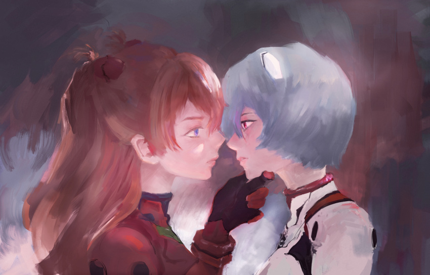 2girls absurdres ayanami_rei blue_eyes chin_grab eye_contact from_side hair_between_eyes hand_on_another's_chin highres imminent_kiss interface_headset lips long_hair looking_at_another multiple_girls neon_genesis_evangelion orange_hair painterly parted_lips plugsuit red_eyes short_hair souryuu_asuka_langley torio upper_body yuri