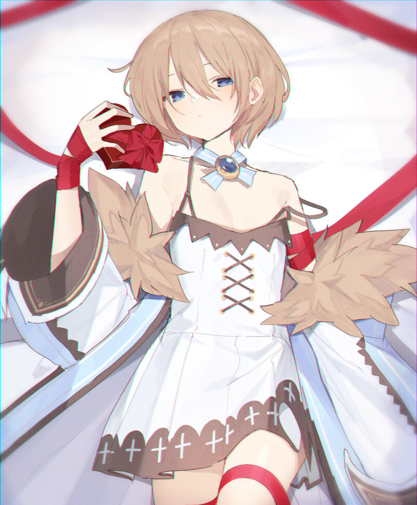 1girl bare_shoulders blanc blue_eyes blush box breasts brown_hair buran_buta cleavage coat cowboy_shot dress expressionless fur-trimmed_coat fur_trim gift gift_wrapping hair_between_eyes hand_up heart-shaped_box highres holding holding_gift long_sleeves looking_at_viewer lying neptune_(series) off_shoulder on_back red_ribbon ribbon short_hair small_breasts solo spaghetti_strap strap_slip valentine white_coat white_dress wide_sleeves